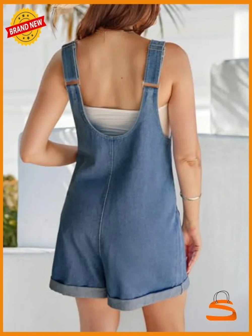 Sleeveless Denim Overalls Romper with Pockets Rolled Cuff Casual Summer
